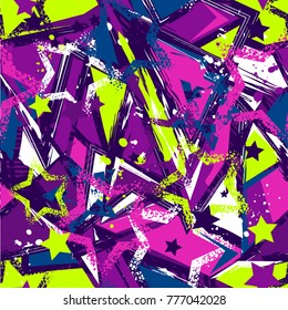 Abstract seamless Grunge urban pattern with stats, curved brush lines, triangles, spray paint ink,  shabby shape elements. Colourful chaotic geometric repeated backdrop. Creative multilayer wallpaper