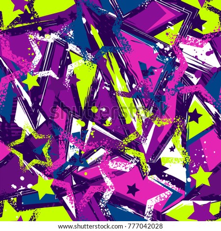 Abstract seamless Grunge urban pattern with stats, curved brush lines, triangles, spray paint ink,  shabby shape elements. Colourful chaotic geometric repeated backdrop. Creative multilayer wallpaper