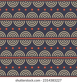 Abstract seamless half circles, dots, lines vector pattern. Tribal seamless ornament. Minimalistic seamless pattern with arcs. Vector color background.