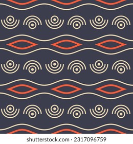 Abstrakte nahtlose Halbkreise, Punkte, Linien, Vektormuster. Tribal nahtlose Ornamente. Minimalistisches nahtloses Muster. Vektorfarbener Hintergrund.