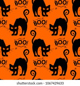 Abstract seamless halloween cat pattern for girls or boys. Creative vector pattern with cat, cloud boo, halloween. Funny halloween cat pattern for textile and fabric. Fashion style. Colorful picture.