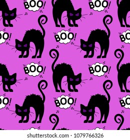 Abstract seamless halloween cat pattern for girls or boys. Creative vector background with cat, cloud boo, monster. Funny, scary pattern for textile and fabric. Fashion style. Colorful picture.
