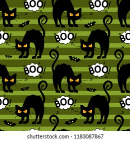 Abstract seamless halloween cat pattern for girls or boys. Creative vector pattern with cat, cloud boo, halloween. Funny halloween cat pattern for textile and fabric. Fashion style. Colorful picture.