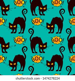 Abstract seamless halloween cat pattern for girls or boys. Creative vector pattern with cat, cloud boo, halloween. Funny halloween cat pattern for textile and fabric. Fashion style. Colorful picture.