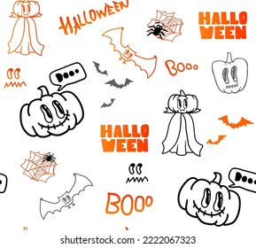 Resumen de un patrón de Halloween sin fisuras con ilustración de calabaza de dibujos animados, murciélago mosca, silueta de tela y araña, Booo.