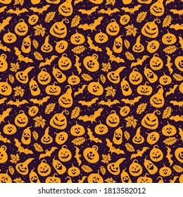 Abstract seamless halloween pattern Creative vector background with bat, leaf pumpkin. Funny pattern for textile and fabric. Colorful bright surface print picture.