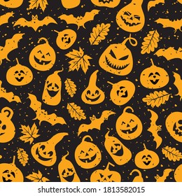 Abstract seamless halloween pattern Creative vector background with bat, leaf pumpkin. Funny pattern for textile and fabric. Colorful bright surface print picture.