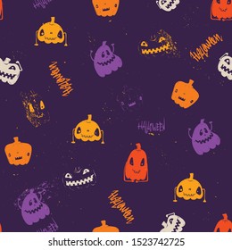 Abstract seamless Halloween pattern with funny cartoon pumpkin. 