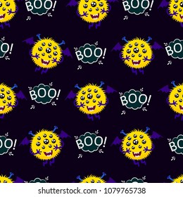 Abstract seamless halloween pattern for girls or boys. Creative vector background with a flying, hairy, multi-eyed monster. A terrible, terrifying ball. Colorful bright halloween pattern for children.