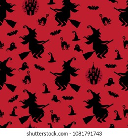 Abstract seamless halloween pattern for girls or boys. Creative vector background with witch, bat, ghost. Funny pattern for textile and fabric. Fashion halloween witch style. Colorful bright picture