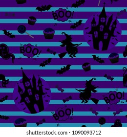 Abstract seamless halloween pattern for girls or boys. Creative vector background with witch, bat, ghost. Funny pattern for textile and fabric. Fashion halloween witch style. Colorful bright picture