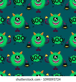 Abstract seamless halloween pattern for girls or boys. Creative vector pattern with fluffy monster, with horns and a tail, basket for sweets in the form of a skull halloween. Funny pattern for textile