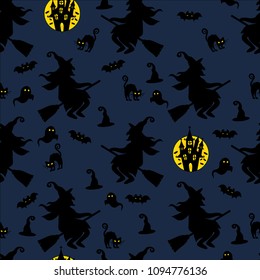 Abstract seamless halloween pattern for girls or boys. Creative vector background with witch, bat, ghost. Funny pattern for textile and fabric. Fashion halloween witch style. Colorful bright picture