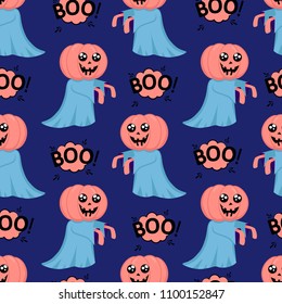 Abstract seamless halloween pattern for girls or boys. Creative vector background with a pretty ghost with a head instead of a pumpkin halloween. Funny halloween pattern for textile and fabric.