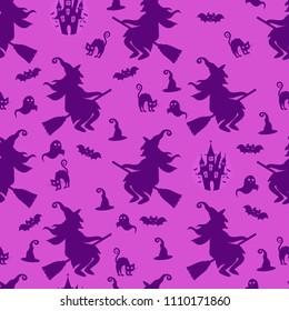 Abstract seamless halloween pattern for girls or boys. Creative vector background with witch, bat, ghost. Funny pattern for textile and fabric. Fashion halloween witch style. Colorful bright picture