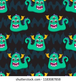 Abstract seamless halloween pattern for girls or boys. Creative vector pattern with fluffy monster, with horns and a tail, basket for sweets in the form of a skull halloween. Funny pattern for textile