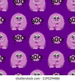 Abstract seamless halloween pattern for girls or boys. Creative vector background with a fluffy cute monster, halloween. Funny monster for textile and fabric.Fashion halloween style.Colorful bright