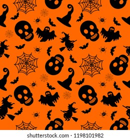 Abstract seamless halloween pattern for girls or boys. Creative vector background with witch, bat, ghost. Funny pattern for textile and fabric. Fashion halloween witch style. Colorful bright picture