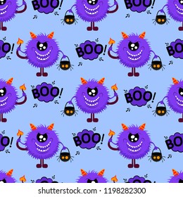 Abstract seamless halloween pattern for girls or boys. Creative vector pattern with fluffy monster, with horns and a tail, basket for sweets in the form of a skull halloween. Funny pattern for textile