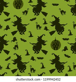 Abstract seamless halloween pattern for girls or boys. Creative vector background with cat, whitch, halloween. Funny pattern for textile and fabric. Fashion halloween style. Colorful bright picture