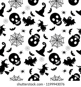 Abstract seamless halloween pattern for girls or boys. Creative vector background with witch, bat, ghost. Funny pattern for textile and fabric. Fashion halloween witch style. Colorful bright picture