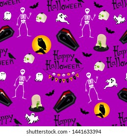 Abstract seamless halloween pattern for girls or boys. Creative vector background with witch, bat, ghost. Funny pattern for textile and fabric. Fashion halloween witch style. Colorful bright picture