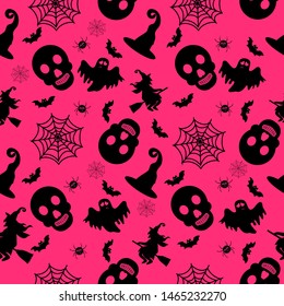 Abstract seamless halloween pattern for girls or boys. Creative vector background with witch, bat, ghost. Funny pattern for textile and fabric. Fashion halloween witch style. Colorful bright picture