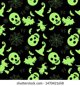 Abstract seamless halloween pattern for girls or boys. Creative vector background with witch, bat, ghost. Funny pattern for textile and fabric. Fashion halloween witch style. Colorful bright picture