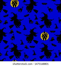 Abstract seamless halloween pattern for girls or boys. Creative vector background with cat, whitch, halloween. Funny pattern for textile and fabric. Fashion halloween style. Colorful bright picture