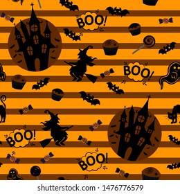 Abstract seamless halloween pattern for girls or boys. Creative vector background with witch, bat, ghost. Funny pattern for textile and fabric. Fashion halloween witch style. Colorful bright picture