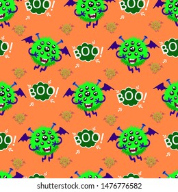 Abstract seamless halloween pattern for girls or boys. Creative vector pattern with fluffy monster, with horns and a tail Funny pattern for textile