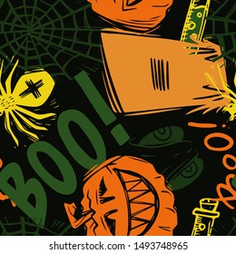Abstract seamless halloween pattern for girls, boys, clothes. Creative background with scary lement. Funny wallpaper for textile and fabric. Fashion style. Colorful bright.