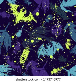 Abstract seamless halloween pattern for girls, boys, clothes. Creative background with scary lement. Funny wallpaper for textile and fabric. Fashion style. Colorful bright.