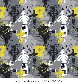 Abstract seamless halloween pattern for girls, boys, clothes. Creative background with scary lement. Funny wallpaper for textile and fabric. Fashion style. Colorful bright.