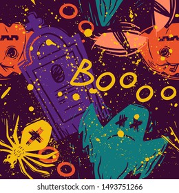 Abstract seamless halloween pattern for girls, boys, clothes. Creative background with scary lement. Funny wallpaper for textile and fabric. Fashion style. Colorful bright.