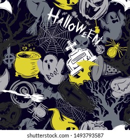 Abstract seamless halloween pattern for girls, boys, clothes. Creative background with scary lement. Funny wallpaper for textile and fabric. Fashion style. Colorful bright.