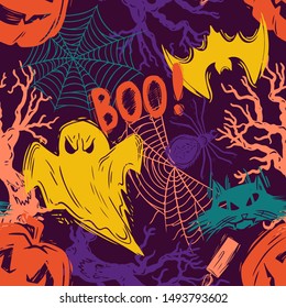 Abstract seamless halloween pattern for girls, boys, clothes. Creative background with scary lement. Funny wallpaper for textile and fabric. Fashion style. Colorful bright.