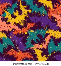 Abstract seamless halloween pattern for girls, boys, clothes. Creative background with scary lement. Funny wallpaper for textile and fabric. Fashion style. Colorful bright.