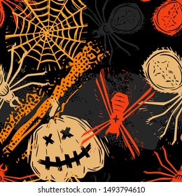 Abstract seamless halloween pattern for girls, boys, clothes. Creative background with scary lement. Funny wallpaper for textile and fabric. Fashion style. Colorful bright.