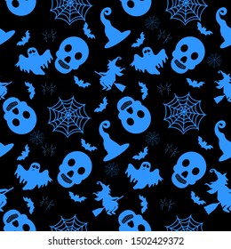 Abstract seamless halloween pattern for girls or boys. Creative vector background with witch, bat, ghost. Funny pattern for textile and fabric. Fashion halloween witch style. Colorful bright picture