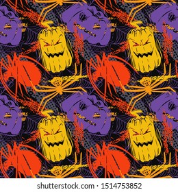 Abstract seamless halloween pattern for girls, boys, clothes. Creative background with dots, geometric figures Funny wallpaper for textile and fabric. Fashion style. Colorful bright.