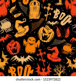 Abstract seamless halloween pattern for girls, boys, clothes. Creative background with dots, scary figures Funny wallpaper for textile and fabric. Fashion style. Colorful bright.