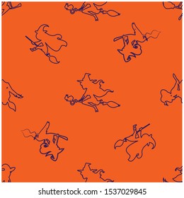 Abstract seamless halloween pattern for girls or boys. Creative vector background with witch, bat, ghost. Funny pattern for textile and fabric. Fashion halloween witch style. Colorful bright picture