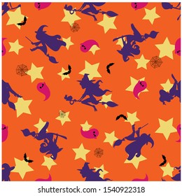 Abstract seamless halloween pattern for girls or boys. Creative vector background with witch, bat, ghost. Funny pattern for textile and fabric. Fashion halloween witch style. Colorful bright picture