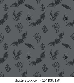 Abstract seamless halloween pattern for girls or boys. Creative hand drawn vector background with mushrooms, bat, spyder. Dark pattern for textile and fabric.