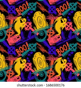 Abstract seamless halloween pattern for girls, boys, clothes. Creative background with dots, geometric figures Funny wallpaper for textile and fabric. Fashion style. Colorful bright