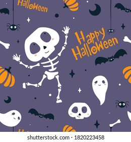 Abstract seamless halloween pattern for girls or boys. Creative vector background with sceleton, bat, ghost. Funny pattern for textile and fabric. Fashion halloween witch style. Colorful pattern