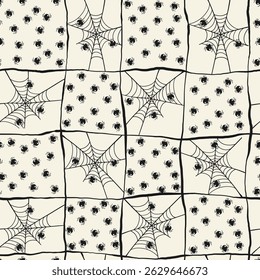 Abstract Seamless Halloween Pattern with Spider Web in Hand Drawn Style. Doodle arachnid web perfect for cards, party invitations, web, fashion, print
