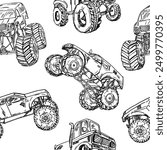 Abstract seamless hand draw pattern for boy. Grunge style Monster Truck  car on white background. Line art monochrome wallpaper for print. Black and white design