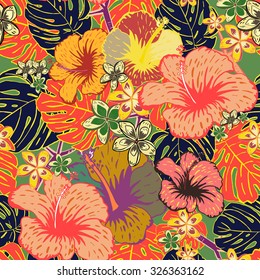 Abstrakter, nahtlos handgezeichneter Hintergrund. Tropische rote, orangefarbene und gelbe Hibiskusblüten und bunte Palmenblätter. Vektorgrafik.